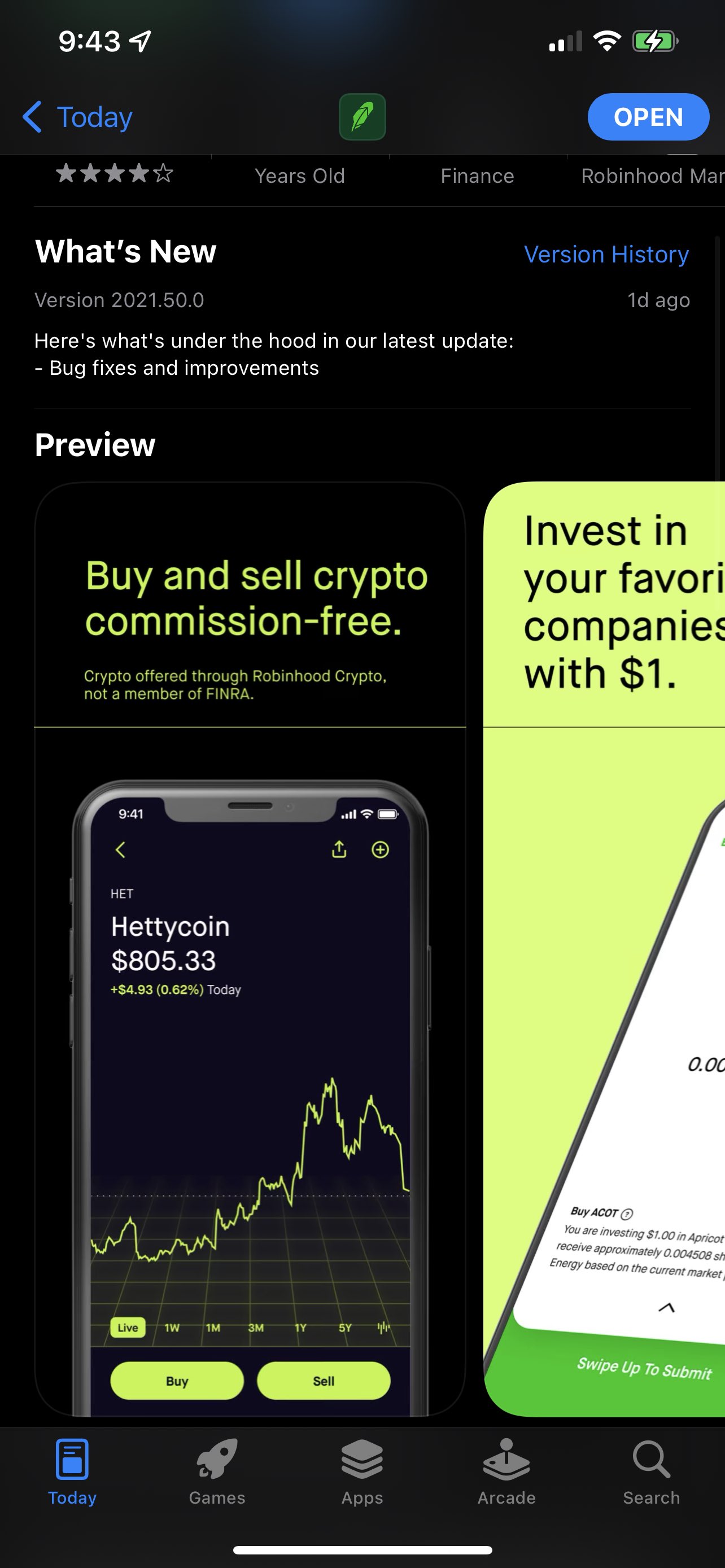 Robinhood App Store listing showing Hettycoin at $805.33