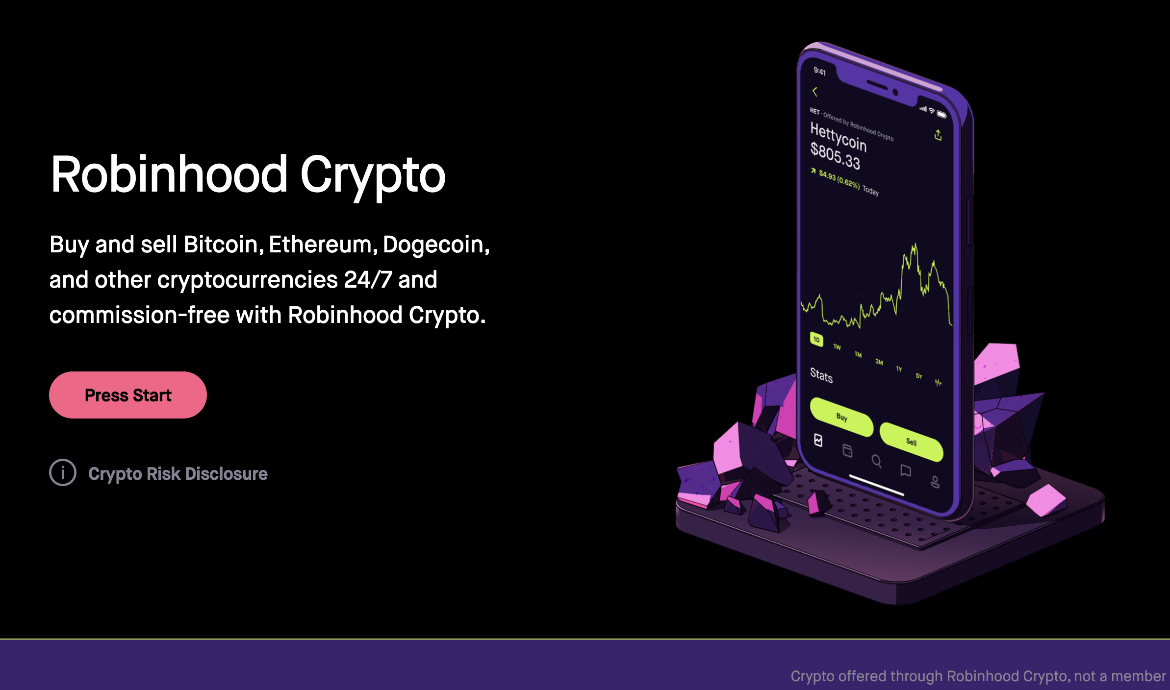 Robinhood Crypto landing page with Hettycoin on the phone